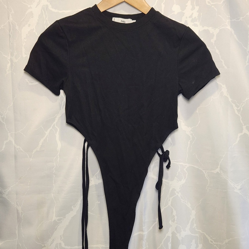 Adika High Waist Cutout Bodysuit Black Women's S Crew Neck Short Sleeve Side Tie